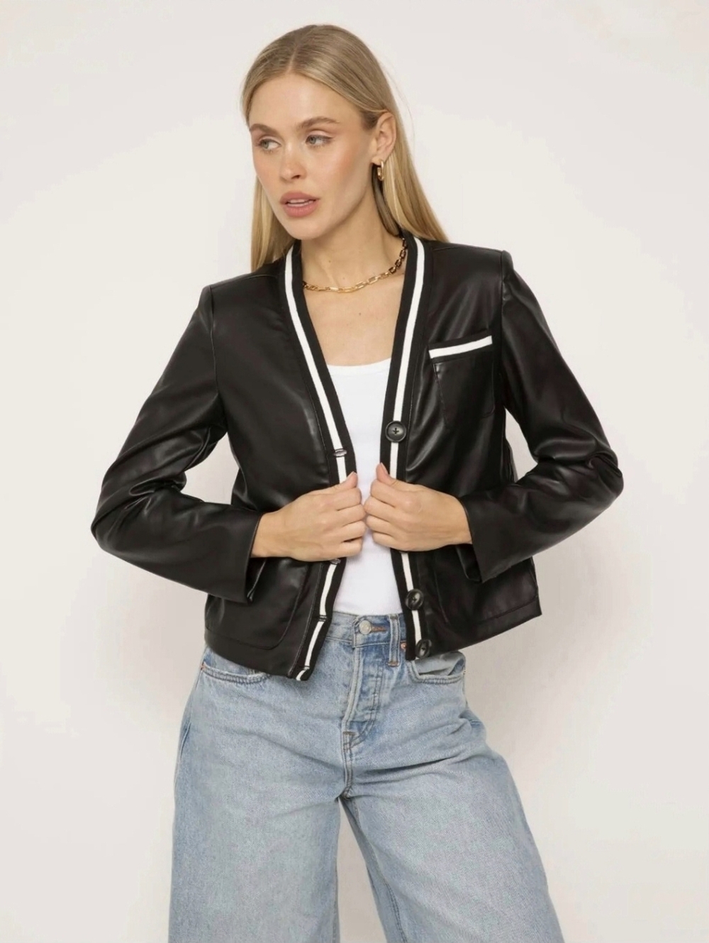 Central Park West Beatrix Vegan leather Jacket Black white preppy women's small